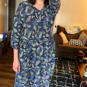 Dark blue midi tropical bird patterned dress